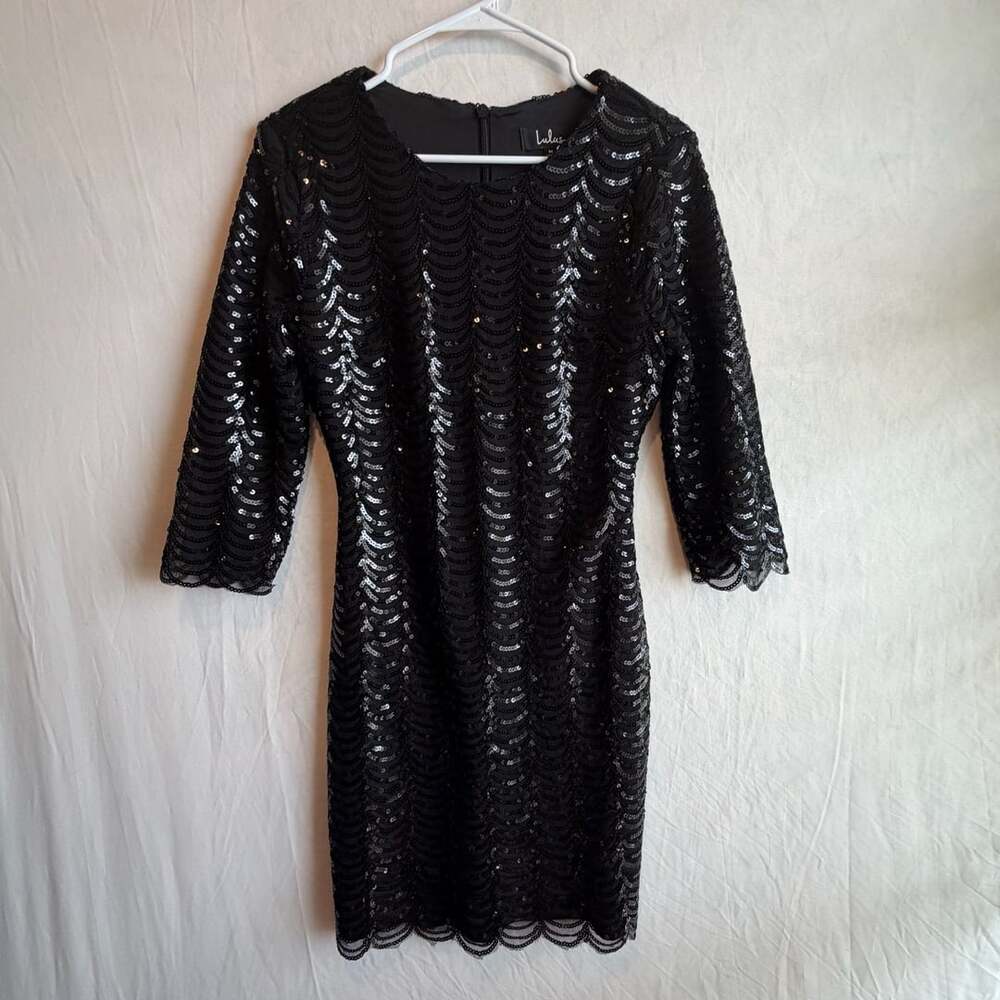 Lulus Stardust Black Sequin 3/4 Sleeve Scalloped Bodycon Dress